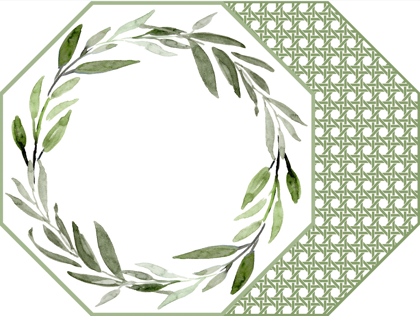 OCTAGONAL TWO SIDED LEAVES WREATH PLACEMAT WITH CANE ~ SAXON GREEN