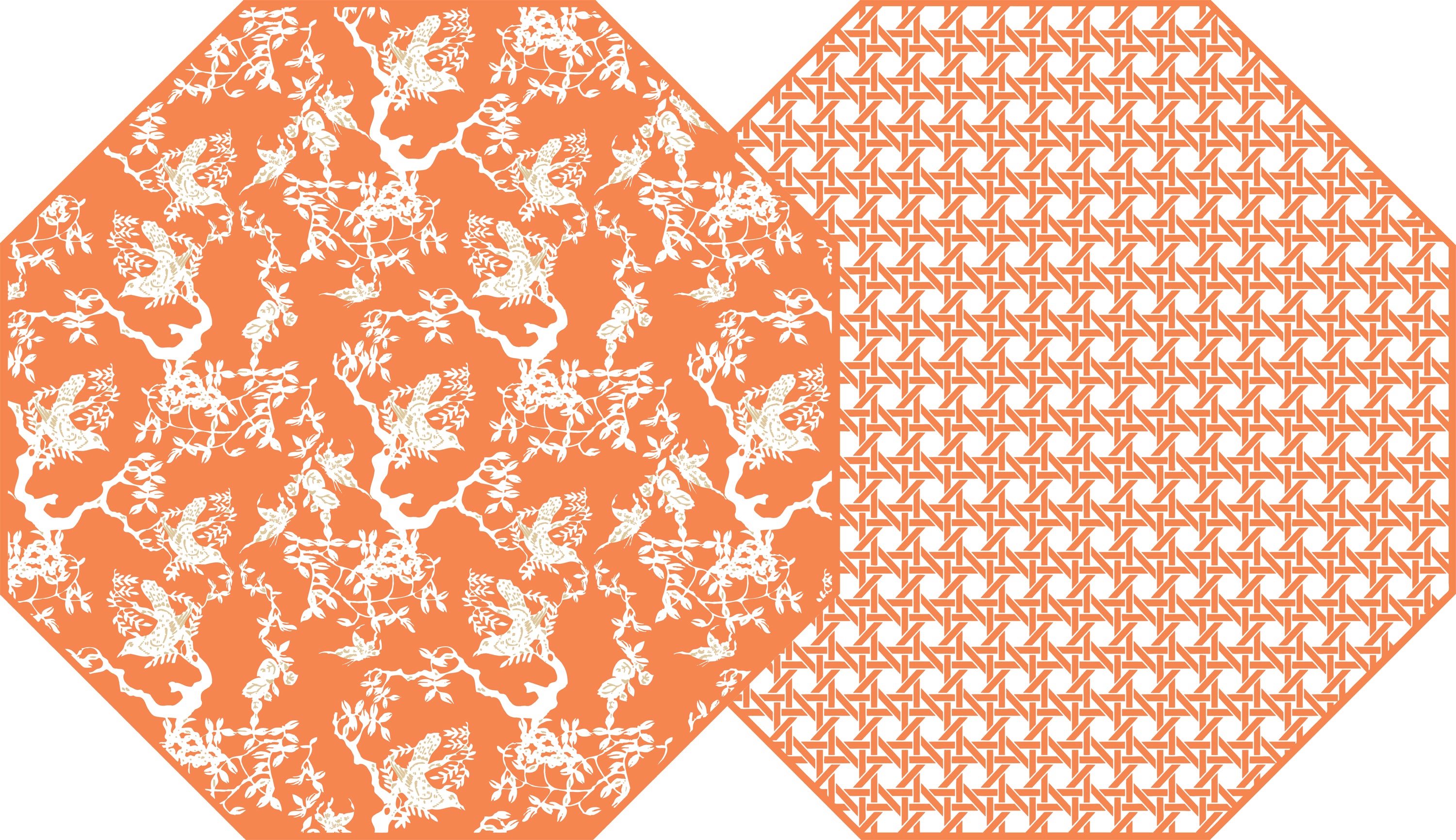 OCTAGONAL TWO SIDED CHINOIS AND CANE PLACEMAT ~ TANGERINE