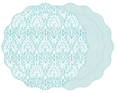SCALLOP TWO SIDED DAMASK PLACEMAT WITH DOT FAN ~  SEA