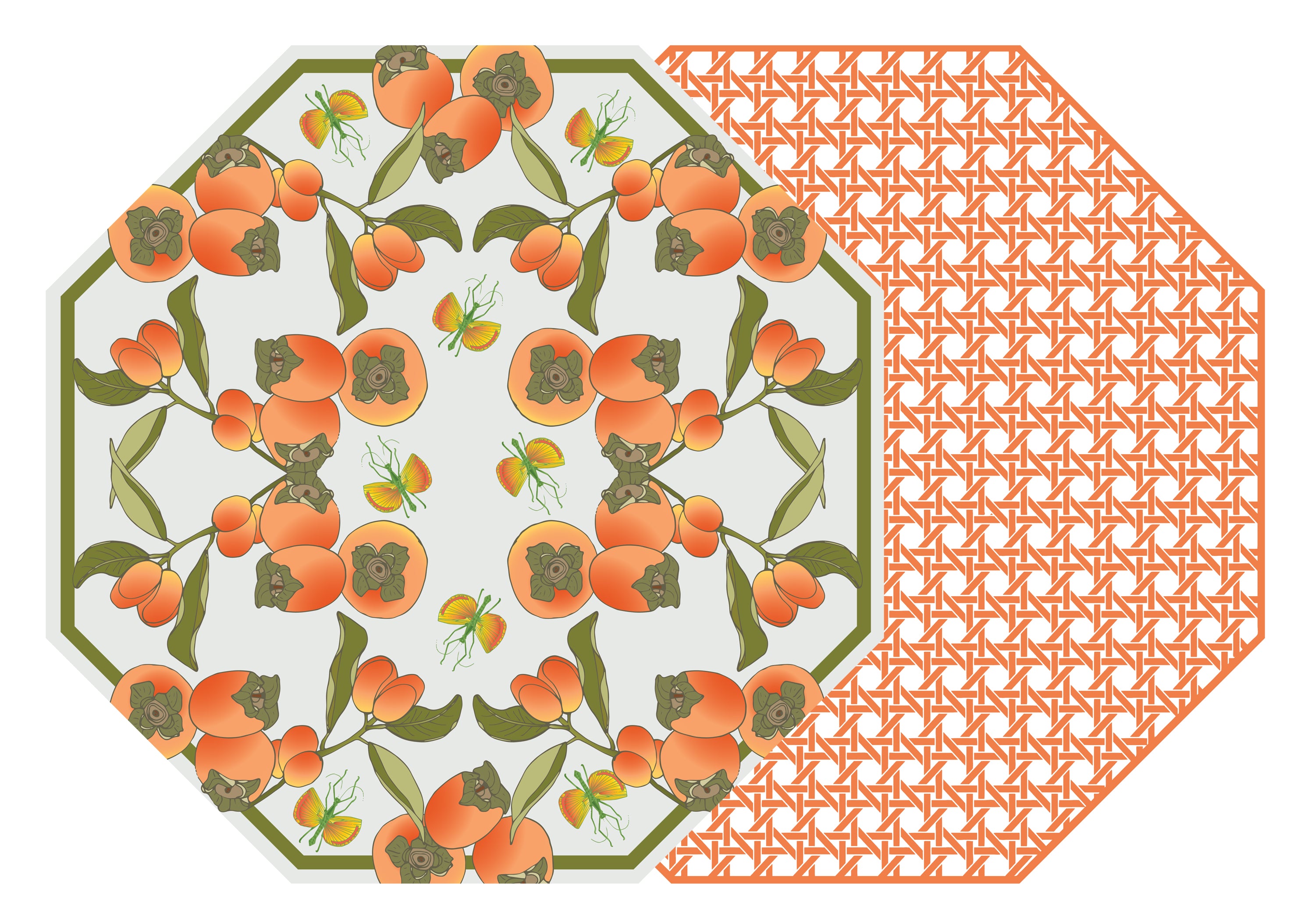 OCTAGONAL TWO SIDED COTTON & QUILL KUMQUAT AND PERSIMMON WITH HSH TANGERINE CANE PLACEMAT