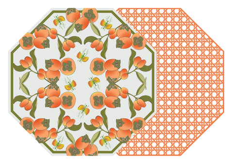OCTAGONAL TWO SIDED COTTON & QUILL KUMQUAT AND PERSIMMON WITH HSH TANGERINE CANE PLACEMAT